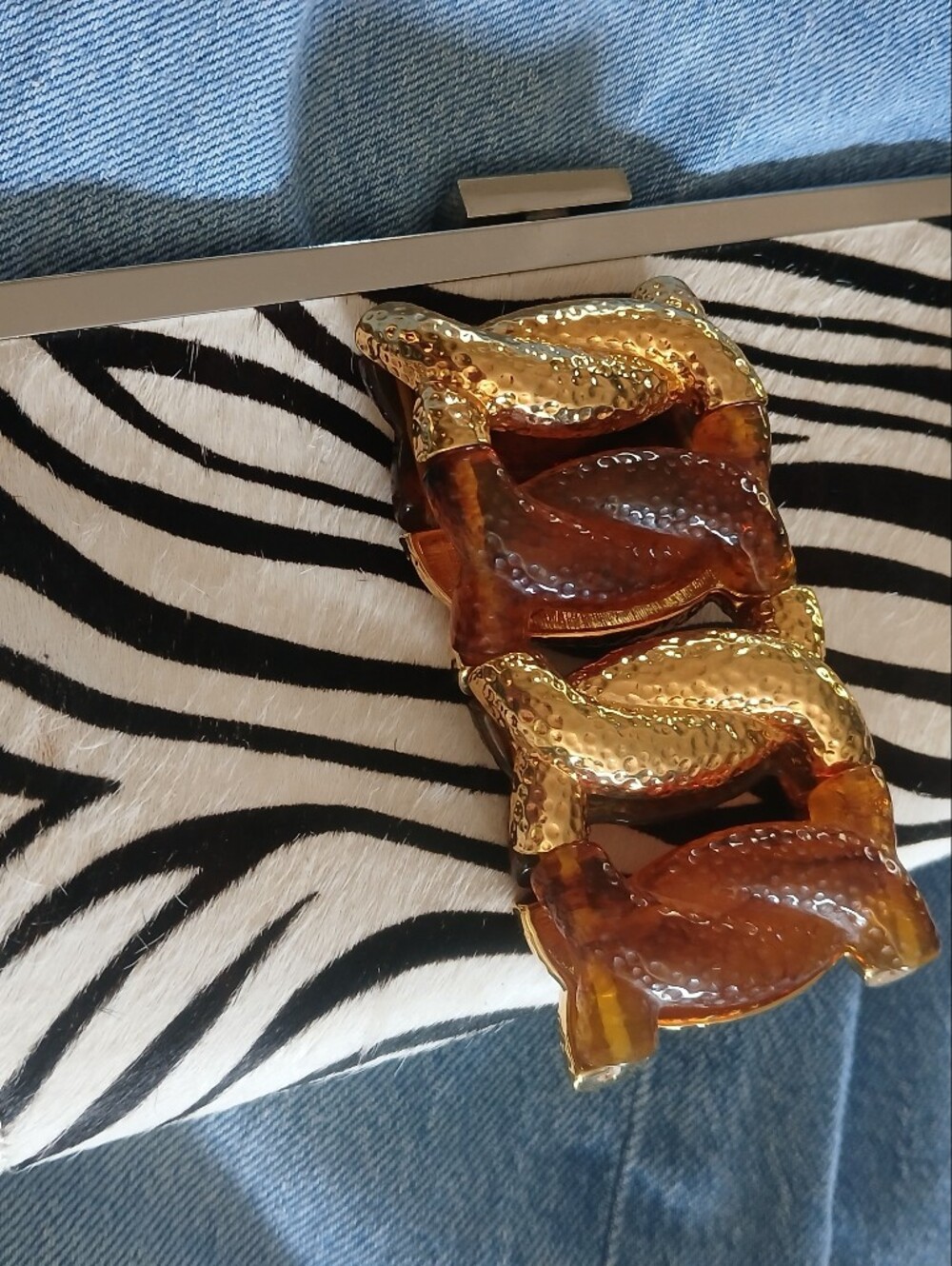 Vintage 80's Joan Rivers Bracelet Signed Gold Tone Tortoise Glass Link Cuff 4"